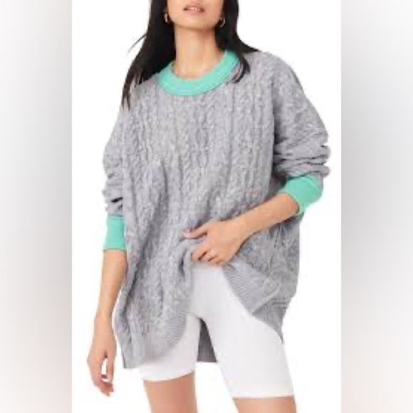 Free People Olympia Oversized cotton blend Tunic Cable Knit Sweater Mint Accents - Picture 1 of 10
